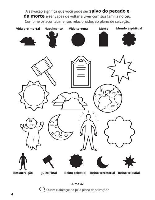 Página em PDF para colorir com os símbolos do plano de salvação, além de uma atividade de relacionar os pares correspondentes
