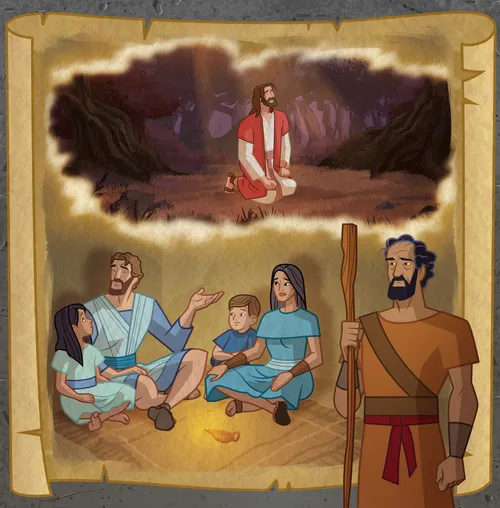 A family talking about the Atonement of Jesus Christ. Paul in the foreground.