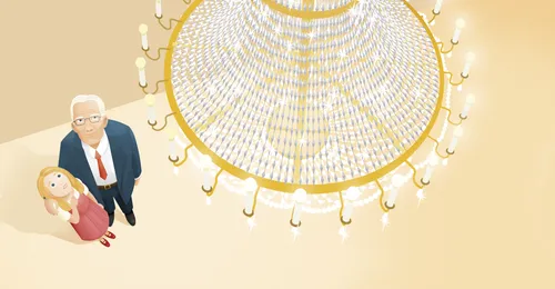 young woman with grandfather, looking at a chandelier