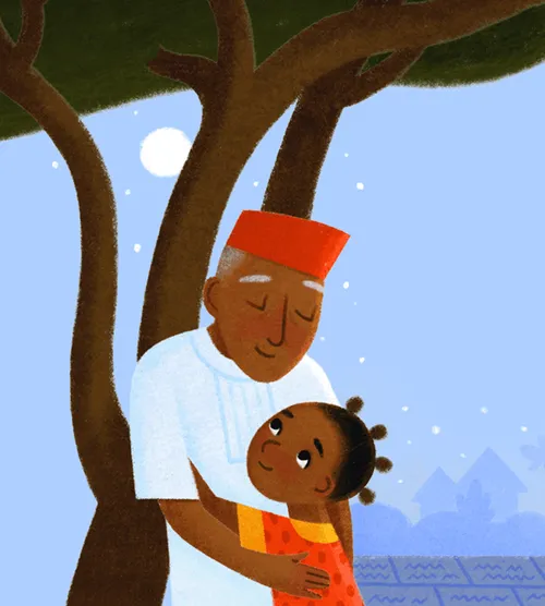 A girl hugging her grandfather under a tree with the moon in the sky