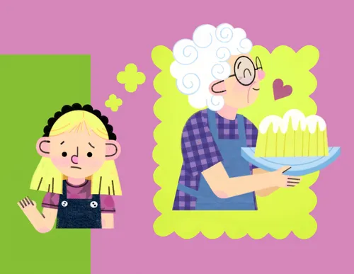 Illustration of little girl with a thought bubble of her grandma holding a lemon cake