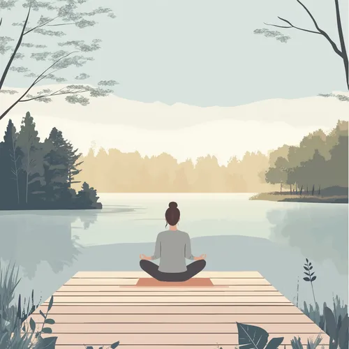 an illustrated figure sitting cross-legged and meditating by a lake