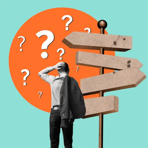 man with question marks and signposts