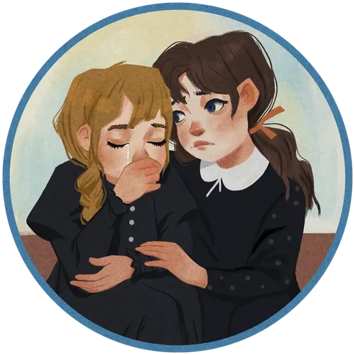 Two girls in black dresses looking sad, one has her arm around the other