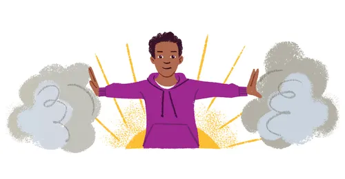 young man pushing clouds apart