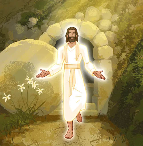 Jesus emerging from the tomb.