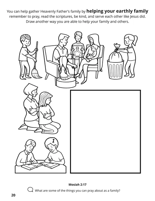 Coloring page PDF of families, praying, reading the scriptures, and serving