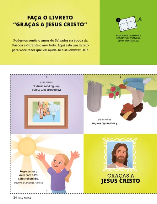 Página em PDF de artesanato para fazer um livreto com ilustrações de crianças e de Jesus Cristo