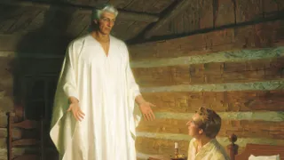 The Prophet Joseph Smith sitting on his bed in the Smith farm house. Joseph has a patchwork quilt over his knees. He is looking up at the angel Moroni who has appeared before him. Moroni is depicted wearing a white robe. The painting depicts the event wherein the angel Moroni appeared to the Prophet Joseph Smith three times in the Prophet's bedroom during the night of September 21, 1823 to inform him of the existence and location of the gold plates, and to instruct him as to his responsibility concerning the plates.