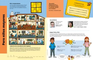 Página en PDF con una actividad de laberinto que muestra diferentes salones de un edificio de la Iglesia, un rompecabezas de números y un niño y una niña con caras tristes y felices