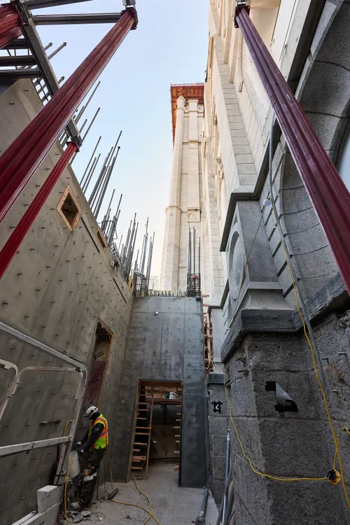 A view of Temple Square while under construction in January 2025. The image features an overview of work at the Salt Lake Temple's sealing wing addition.