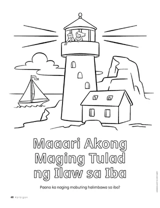 Aktibidad sa pahinang kukulayan na may isang parola, mabatong baybayin, at isang bangka sa karagatan