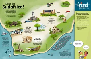 Pagina PDF di una mappa del Sudafrica con fauna selvatica e punti di riferimento