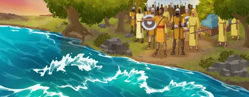 ilustração de Josué e os filhos de Israel cruzando o rio Jordão