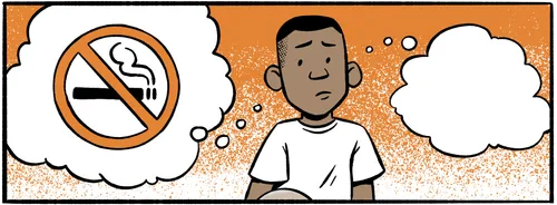 Boy with a thought bubble with a cigarette crossed out in it