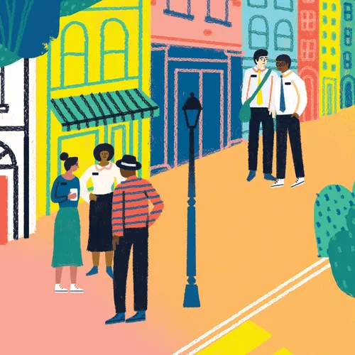 missionaries talking to people on the street