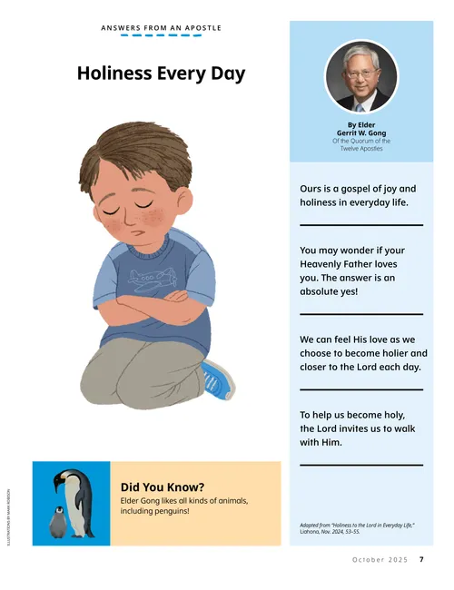 Page PDF with illustration of a boy kneeling to pray; plus an illustration of an adult and baby penguin