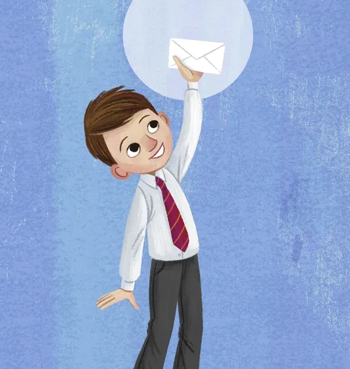 A smiling boy in church clothes holding up a tithing envelope