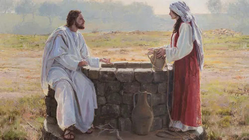 Jesus sitting at the well with a Samaritan woman