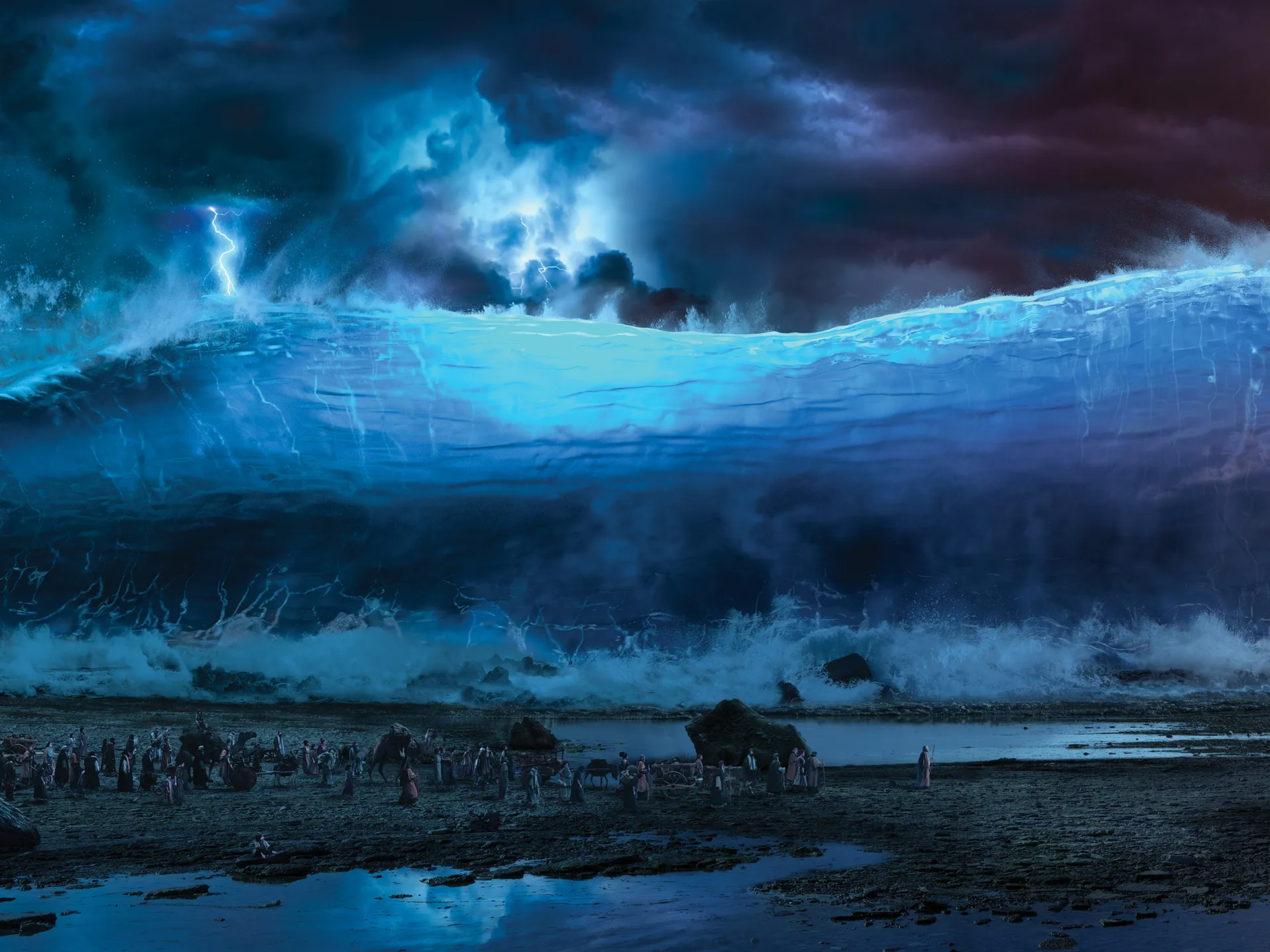 Moses leads the children of Israel through the Red Sea.