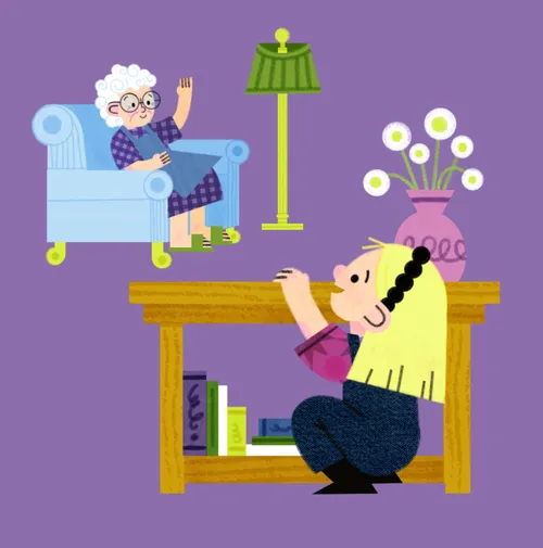 Illustration of girl hiding behind a table while her grandma waves from an armchair