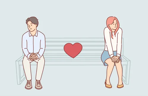 a couple sitting on opposite sides of a bench and looking uncomfortable