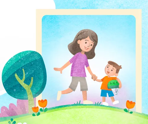 Illustration of mom and son holding hands and walking outdoors