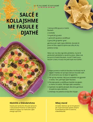 Faqe në PDF e një tasi me patatina‑tortija, një tepsie me salcë me fasule dhe domate