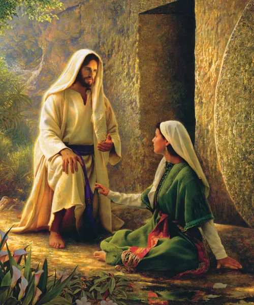 Jesus Christ talking to Mary Magdalene outside the empty tomb