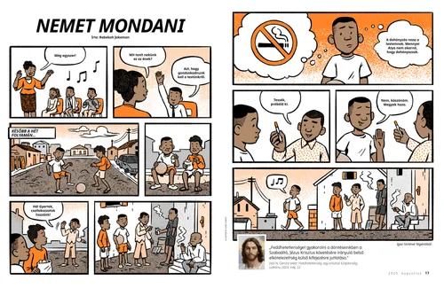 PDF-oldal képregényszerű történettel, amelyben egy fiú még akkor sem hajlandó dohányozni, amikor társai nyomást gyakorolnak rá