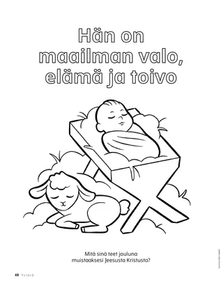 PDF-värityskuva, jossa on Jeesus-lapsi seimessä ja karitsa