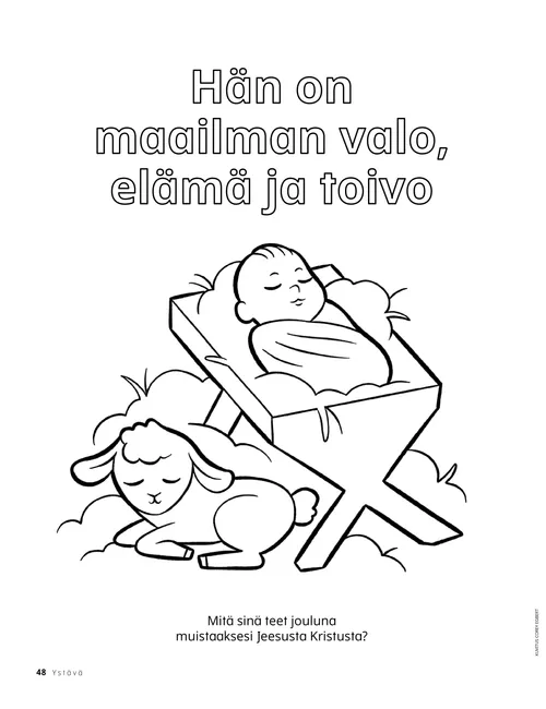 PDF-värityssivu Jeesus-lapsesta seimessä ja karitsa makaamassa vieressä