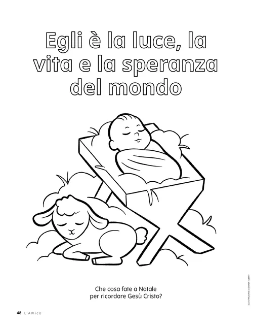 PDF della pagina da colorare raffigurante Gesù bambino in una mangiatoia con vicino un agnello