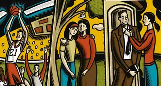 basketball player, sisters embracing, sister fixing brother’s tie