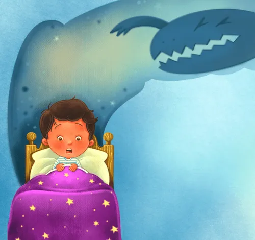 A boy sitting up in bed looking frightened with the shape of a monster hanging over him