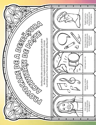 Pagină PDF cu activități și ilustrații de colorat cu teme de Paște.