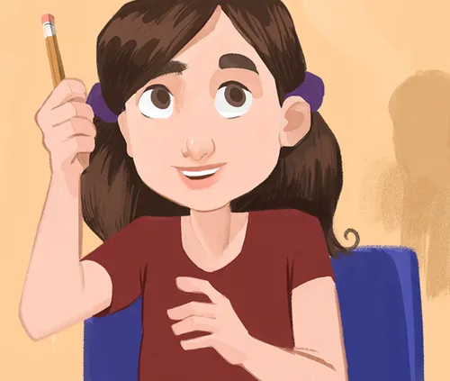 Girl smiling and holding her pencil in the air