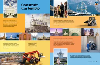 Página em PDF de templos, templos em construção, pessoas com pás em uma cerimônia de abertura de terra, veículos de construção, pessoas em uma casa aberta do templo e uma menina em frente a um templo