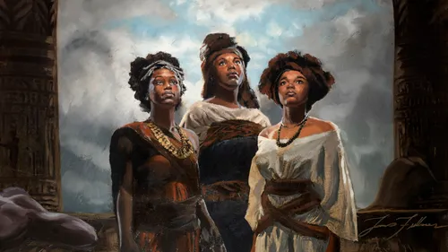 three young women standing together with clouds and pillars in the background