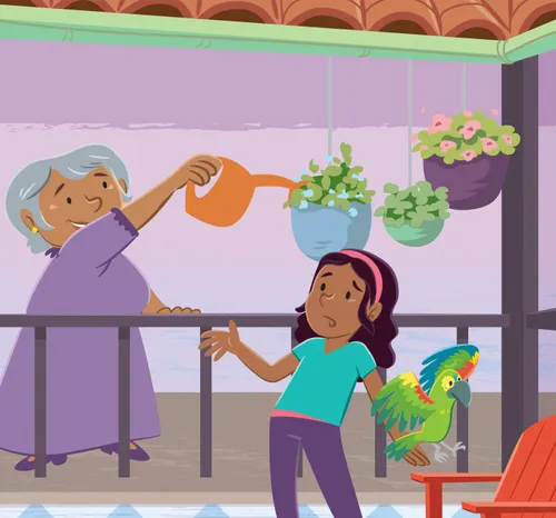 Grandma watering a plant while talking to Margo