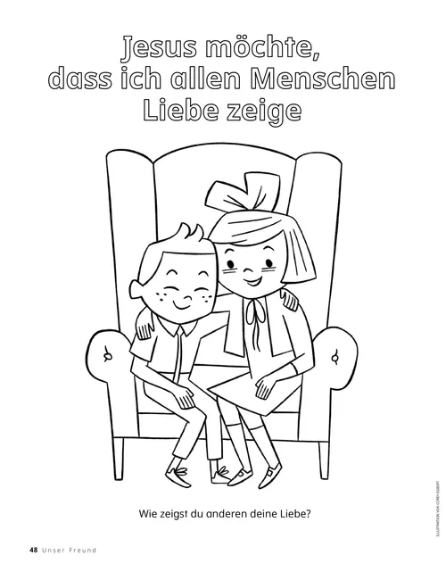 PDF zum Ausmalen: Ein Mädchen und ein Junge sitzen Arm in Arm auf einem großen Sessel