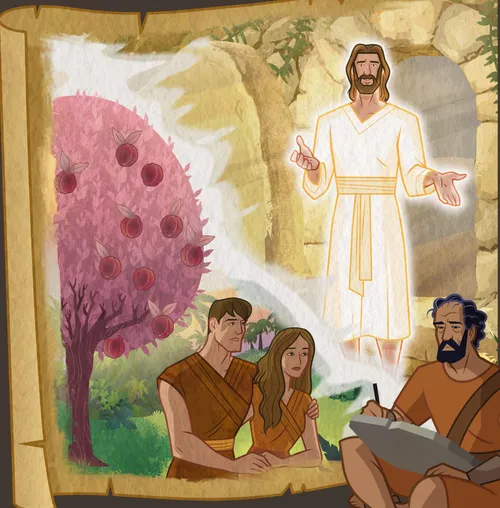Paul writing a letter; Adam and Eve leaving the Garden of Eden; and Jesus standing near the tomb.