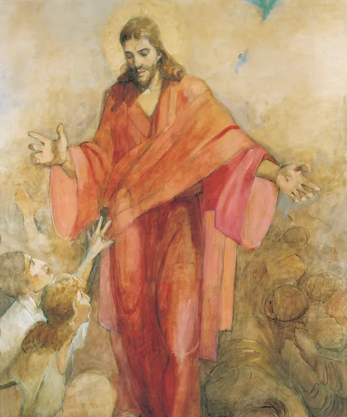Jesus Christ standing in a red robe while people reach up to Him