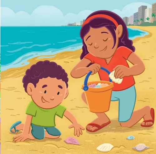 Margo and Lucas collecting shells