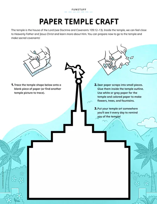 Page PDF with illustration of a temple outline and instructions to make a torn-paper craft