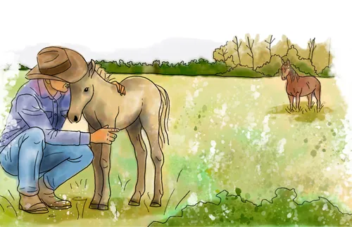 illustration of a man comforting a baby horse