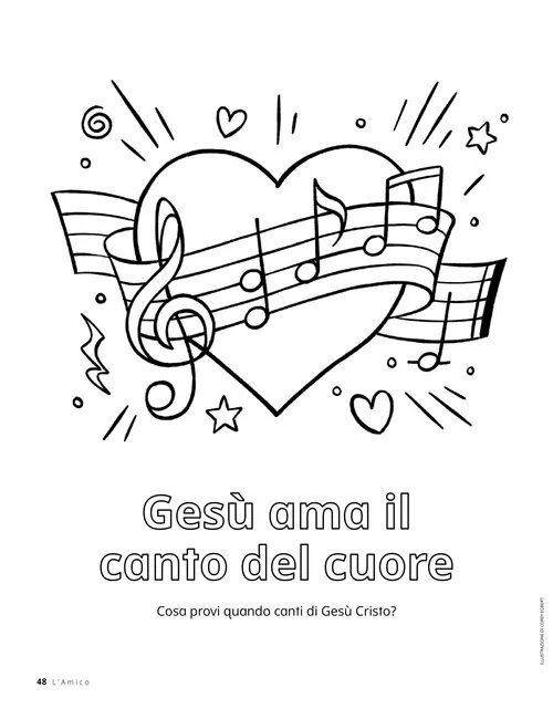 Pagina da colorare con cuori e note musicali