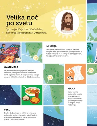 Stran z ilustracijo globusa in velikonočnih simbolov z vsega sveta v PDF-ju