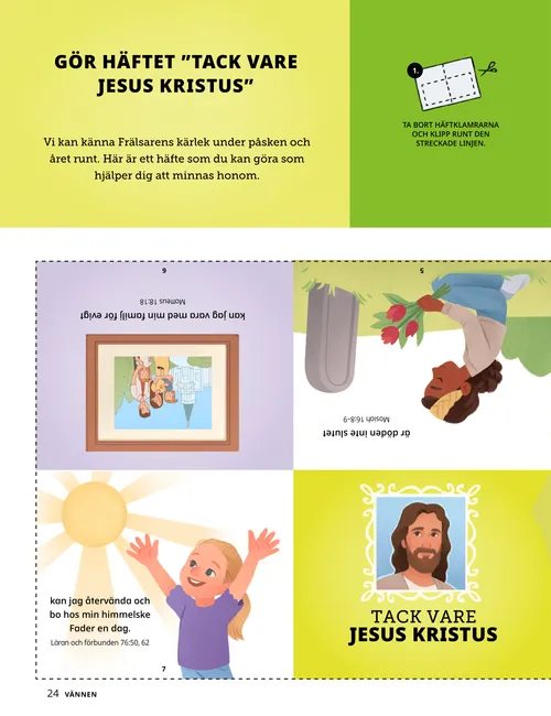 Pdf-sida med pyssel för att göra ett häfte med illustrationer av barn och Jesus Kristus.