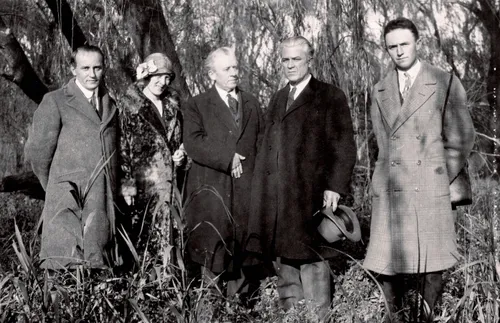 photograph of mission president Reinhold Stoof and his wife, Ella; Elder Ballard; Elder Rey L. Pratt of the Seventy; and missionary J. Vernon Sharp